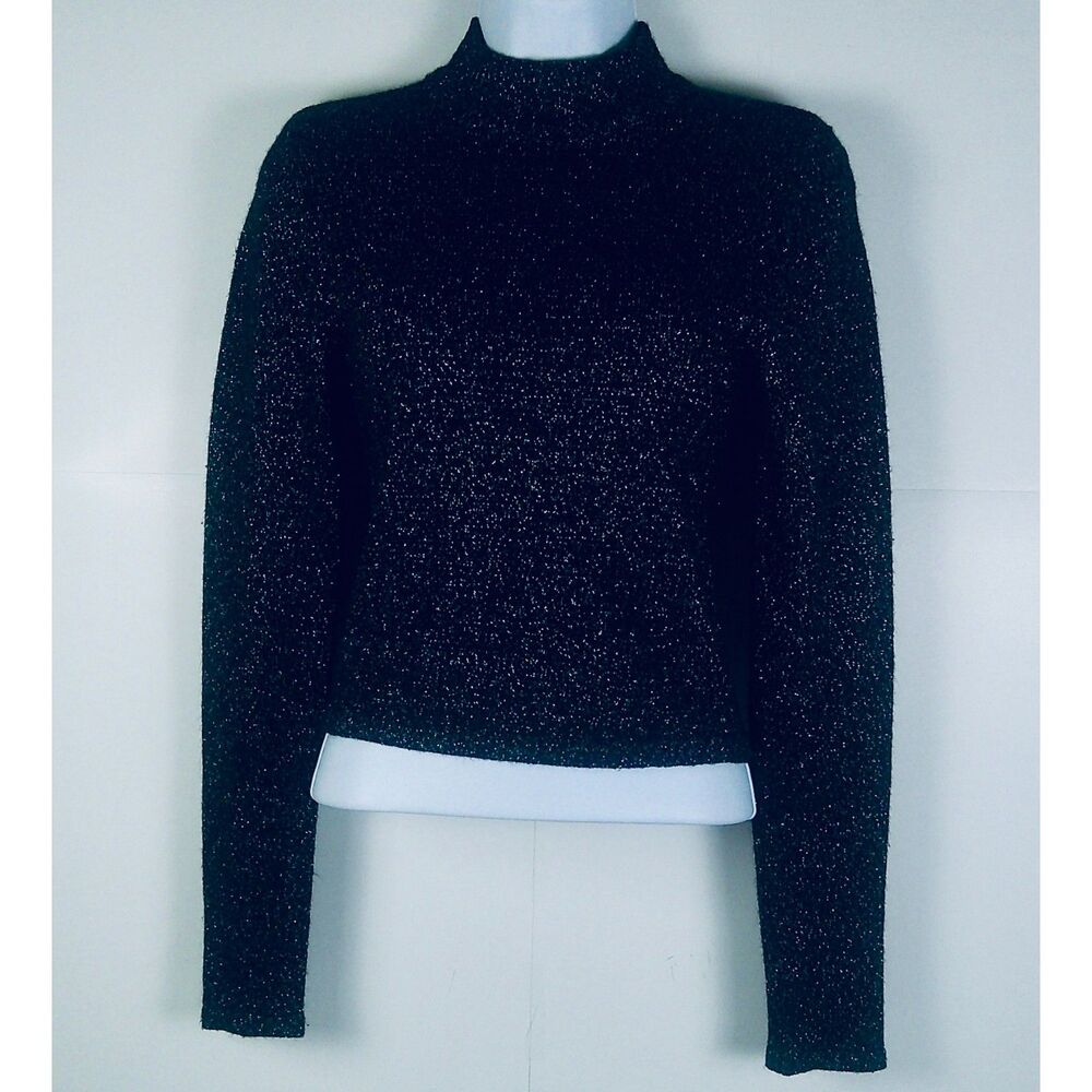 FOREVER 21 WOMENS BLACK & SILVER METALLIC LONG SLEEVE CROP TOP. SIZE XS